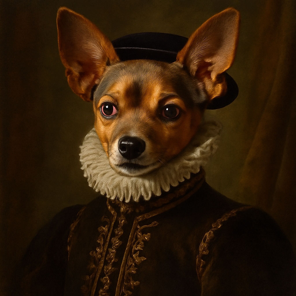 A charming small dog dressed in a denim jacket sits attentively on a colorful patterned car seat cover, with sunlight highlighting its expressive ears and curious eyes, creating a warm and cozy vibe inside the vehicle.