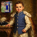 A charming little kid dressed in traditional attire poses outdoors with a confident smile, surrounded by greenery and a rustic fence, captured with bright natural light and a pleasant background blur.