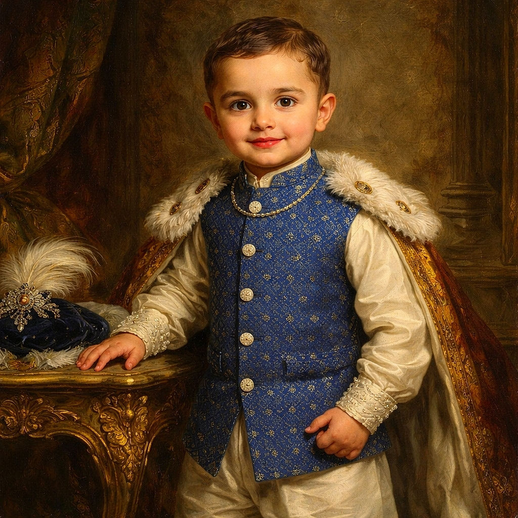 A charming little kid dressed in traditional attire poses outdoors with a confident smile, surrounded by greenery and a rustic fence, captured with bright natural light and a pleasant background blur.