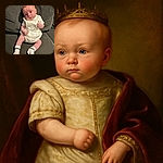 A cute baby sitting on a textured gray couch, wearing a white outfit with a subtle yellow pattern and matching white socks with black stripes, looking off to the side with a curious expression.
