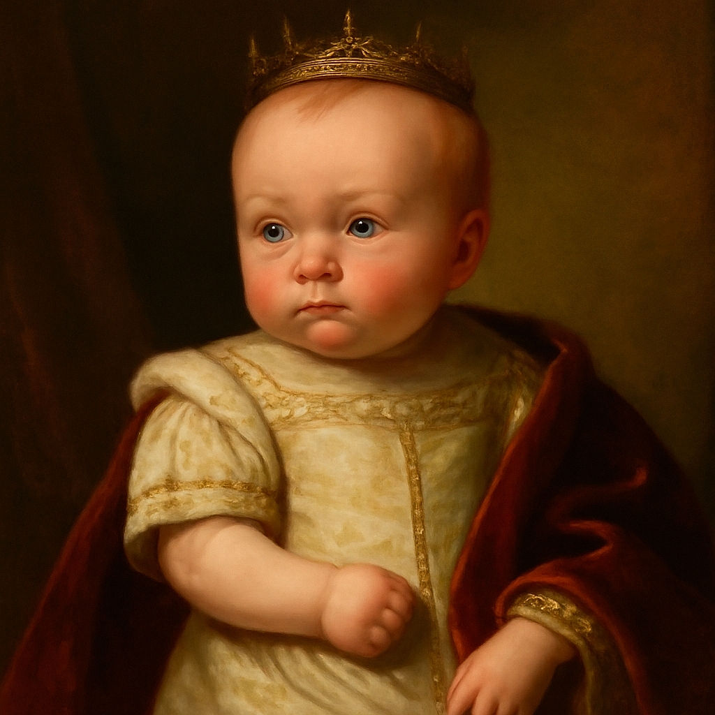A cute baby sitting on a textured gray couch, wearing a white outfit with a subtle yellow pattern and matching white socks with black stripes, looking off to the side with a curious expression.