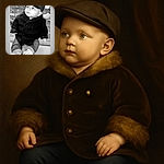 A charming baby dressed like a tiny detective in a black coat and cap, sitting on the floor with wide curious eyes looking off to the side, while a gentle hand supports them from behind.