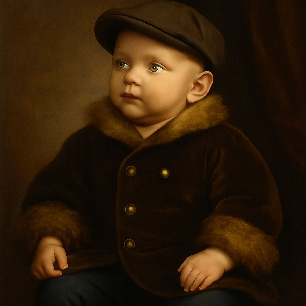 A charming baby dressed like a tiny detective in a black coat and cap, sitting on the floor with wide curious eyes looking off to the side, while a gentle hand supports them from behind.