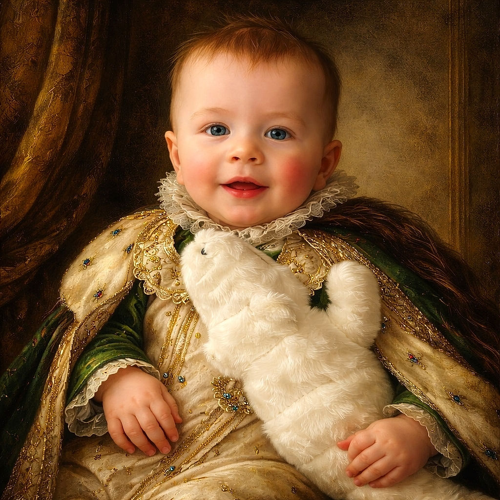 A delighted rosy-cheeked baby lies on a dark bed, grinning up at the camera while clutching an oversized fluffy white crocodile plush — equal parts adorable and slightly concerned about being hugged by a stuffed reptile.