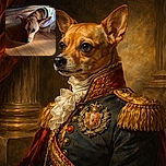 A small brown dog wearing a colorful shirt lies on a wooden floor, partially shaded by a carved wooden piece of furniture. The dog looks calm and slightly pensive, basking in the warm light that highlights its fur texture.