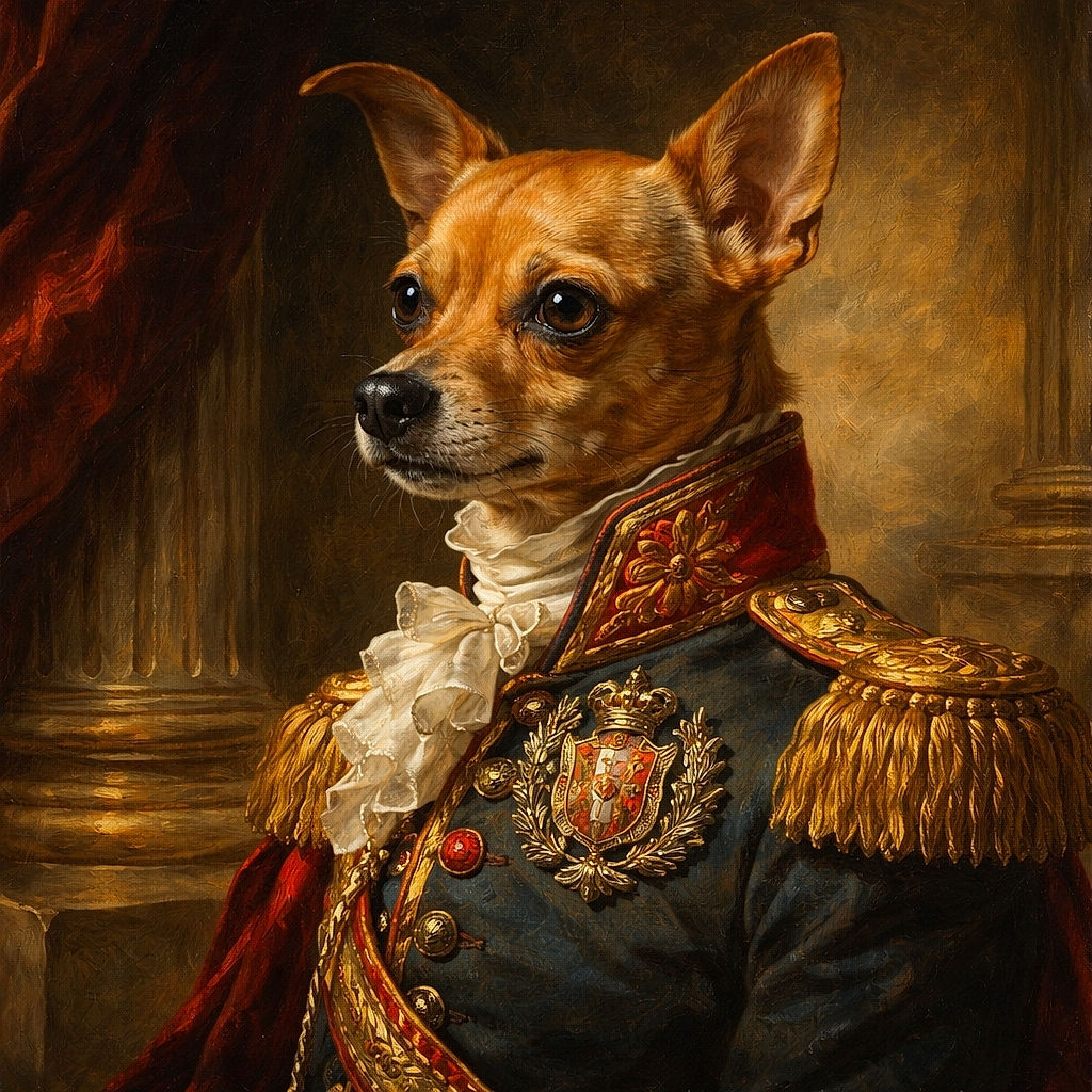 A small brown dog wearing a colorful shirt lies on a wooden floor, partially shaded by a carved wooden piece of furniture. The dog looks calm and slightly pensive, basking in the warm light that highlights its fur texture.