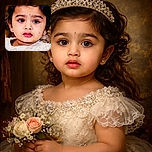 A close-up portrait of an adorable young child with big expressive eyes, wearing a fancy cream-colored dress adorned with floral decorations and a small decorative hat perched on her head, looking slightly curious or thoughtful against a softly blurred warm background.