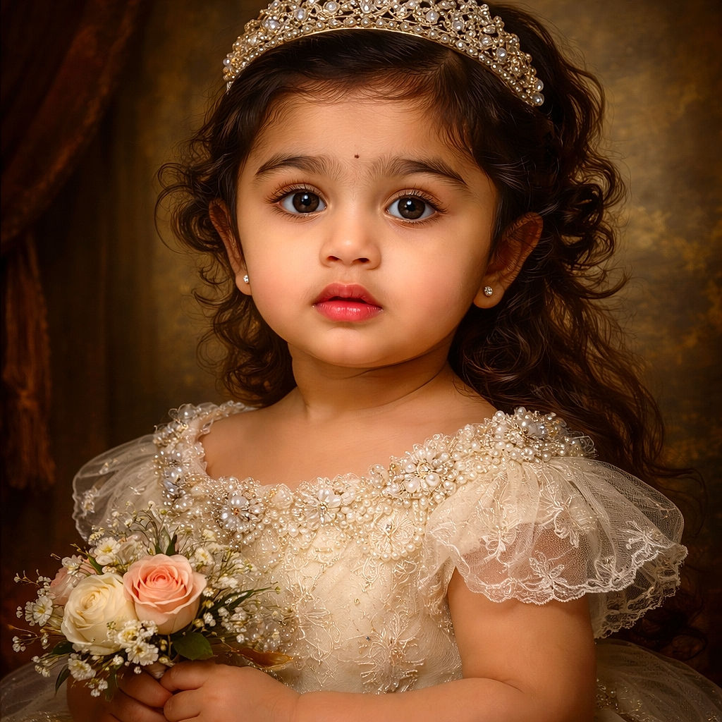 A close-up portrait of an adorable young child with big expressive eyes, wearing a fancy cream-colored dress adorned with floral decorations and a small decorative hat perched on her head, looking slightly curious or thoughtful against a softly blurred warm background.