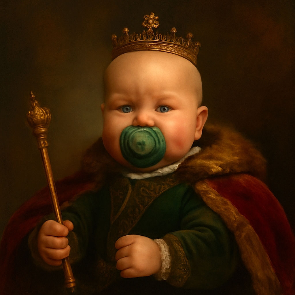 A chubby-cheeked baby with bright blue eyes and a pacifier is lying on a polka dot cushion, wearing a cozy navy blue outfit with a sweet message, looking curiously at the camera with tiny fists clenched.