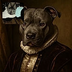 A close-up photo of a dog resting its head on a cozy blanket on a wooden floor, with a hint of green eye reflection from the camera flash, giving it a slightly mysterious look.