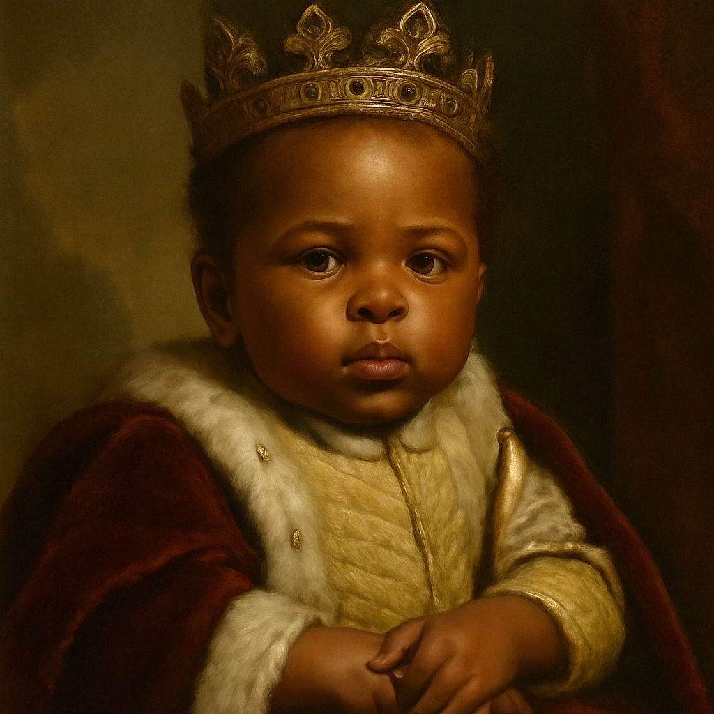 A toddler with a calm, slightly serious expression rests their hands on a table, wearing a bib that reads 'mister Little goose'. The background shows a chair and a slightly cluttered room, with soft natural lighting highlighting the child's smooth skin and curious eyes.