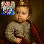 A wide-eyed baby dressed in cozy grey pajamas with a cute bear patch, clutching a bright blue blanket while sitting on a floral-patterned couch, looking curiously at something off-camera.