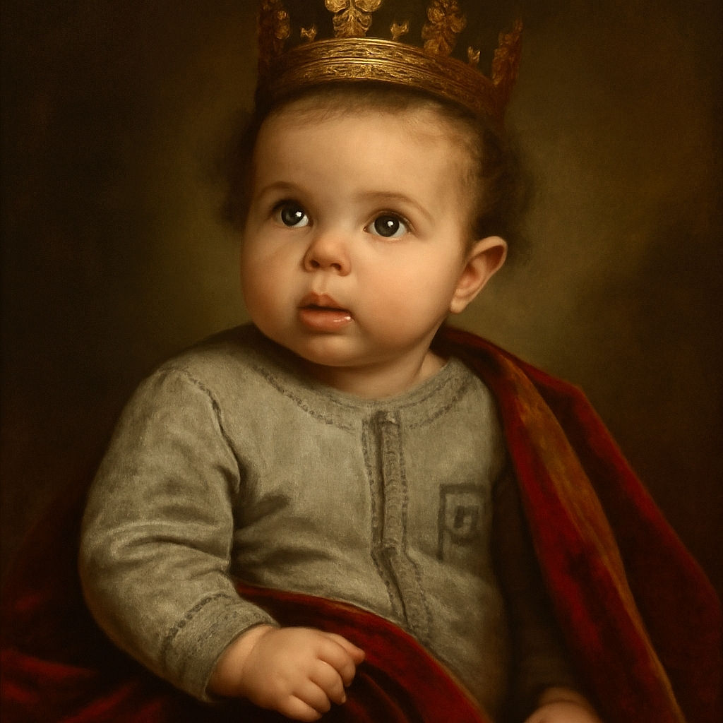 A wide-eyed baby dressed in cozy grey pajamas with a cute bear patch, clutching a bright blue blanket while sitting on a floral-patterned couch, looking curiously at something off-camera.