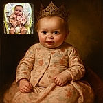 A chubby-cheeked baby in a floral pink onesie lounges comfortably in a patterned baby seat, sporting an adorably exposed belly button and a curious expression that says 'What's next?'