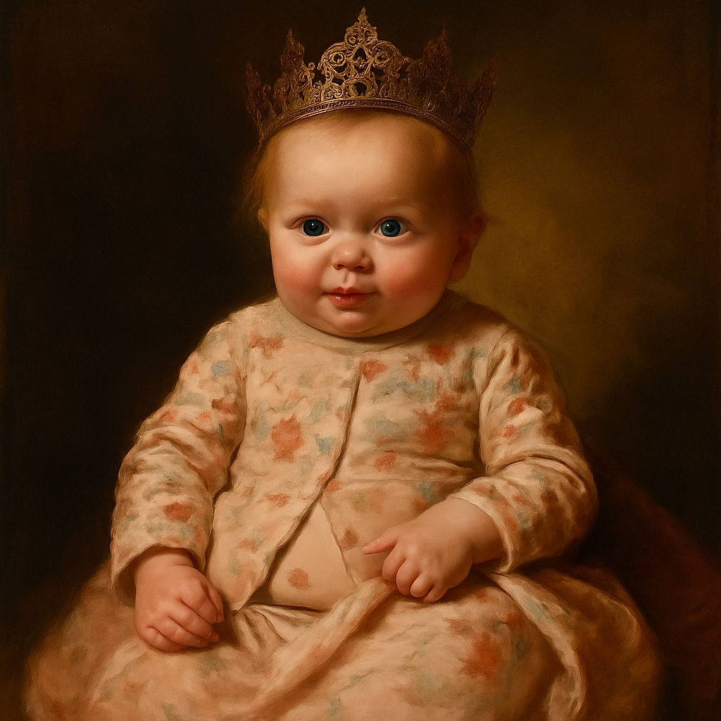 A chubby-cheeked baby in a floral pink onesie lounges comfortably in a patterned baby seat, sporting an adorably exposed belly button and a curious expression that says 'What's next?'