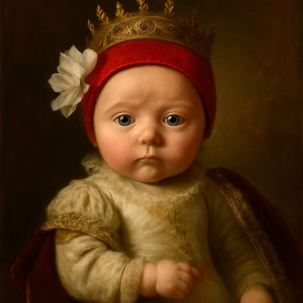 A close-up of a wide-eyed baby wearing a red knit hat adorned with a big white flower, dressed in a cozy white outfit with tiny colorful prints, lying on a soft pink blanket. The baby looks curious and calm, with a soft focus background that highlights the adorable face.