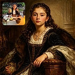 A young girl sitting at an outdoor table holding a glass with a slice of lemon, surrounded by various cups and a bottle, with lush green trees in the background and a calm, natural setting.