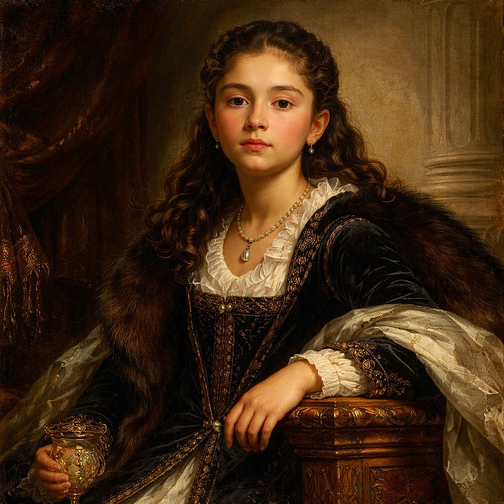 A young girl sitting at an outdoor table holding a glass with a slice of lemon, surrounded by various cups and a bottle, with lush green trees in the background and a calm, natural setting.