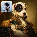 A soggy, wide-eyed puppy perched on a submerged rock in a calm lake, tiny paws paddling, black-and-white face full of tentative curiosity — the expression clearly says, 'I did not sign up for swimming lessons.'