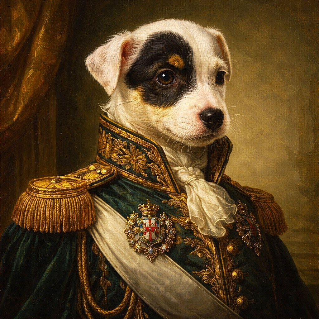 A soggy, wide-eyed puppy perched on a submerged rock in a calm lake, tiny paws paddling, black-and-white face full of tentative curiosity — the expression clearly says, 'I did not sign up for swimming lessons.'