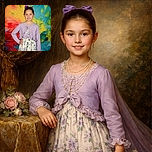 A young girl stands confidently with a hand on her hip, wearing a purple cardigan and floral dress, her hair tied back with a matching purple bow. The colorful, abstract background adds a vibrant splash of reds, yellows, and blues, making her outfit pop even more.
