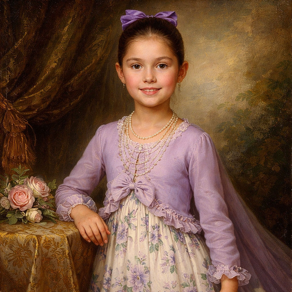 A young girl stands confidently with a hand on her hip, wearing a purple cardigan and floral dress, her hair tied back with a matching purple bow. The colorful, abstract background adds a vibrant splash of reds, yellows, and blues, making her outfit pop even more.