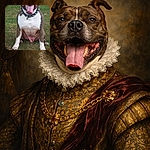 A happy dog with a spiked collar sits on the grass with its mouth wide open and tongue hanging out, looking like it's smiling big on a bright day in the park.