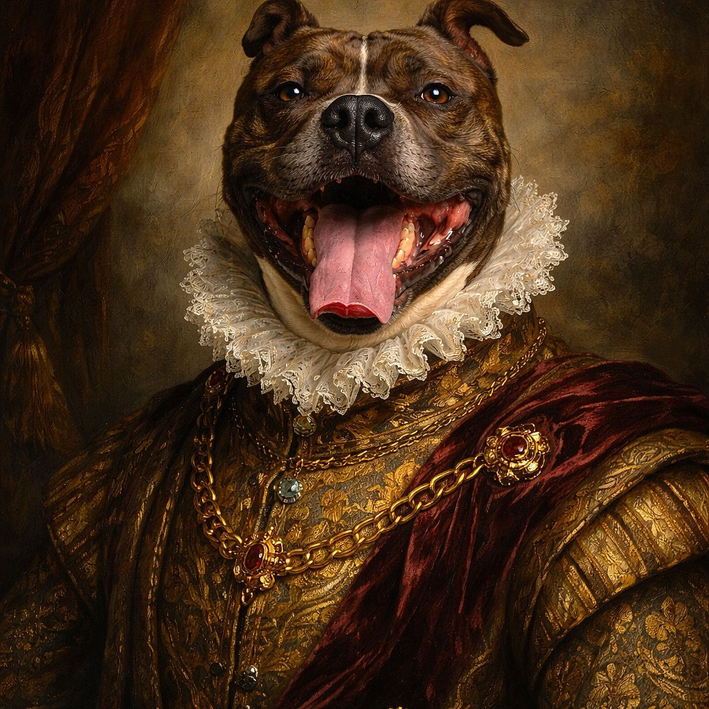 A happy dog with a spiked collar sits on the grass with its mouth wide open and tongue hanging out, looking like it's smiling big on a bright day in the park.