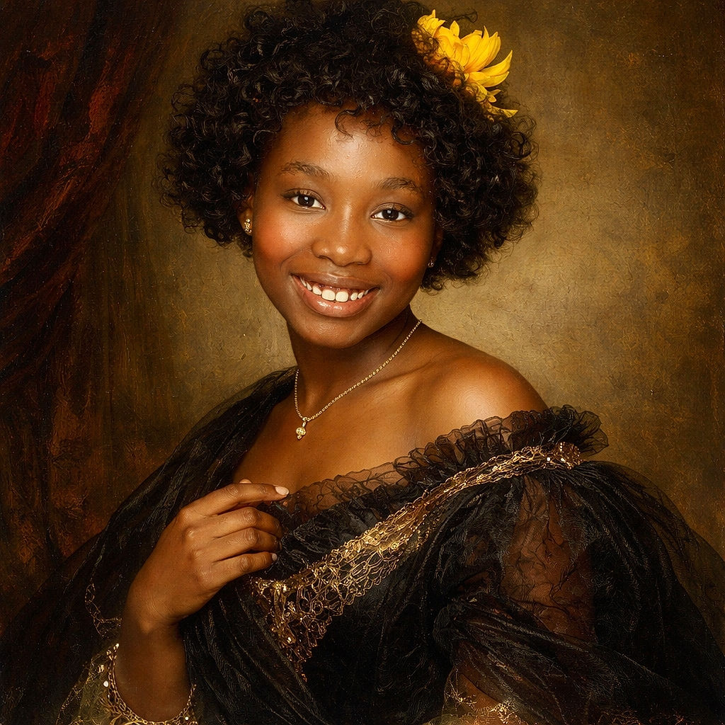 A beaming young person with a sunny yellow flower tucked into a voluminous afro, flashing a big, joyful smile. She’s leaning by a wooden door in a sheer black top and a small gold necklace — looks like someone who just discovered the camera’s flash and decided to bring the glittering grin.