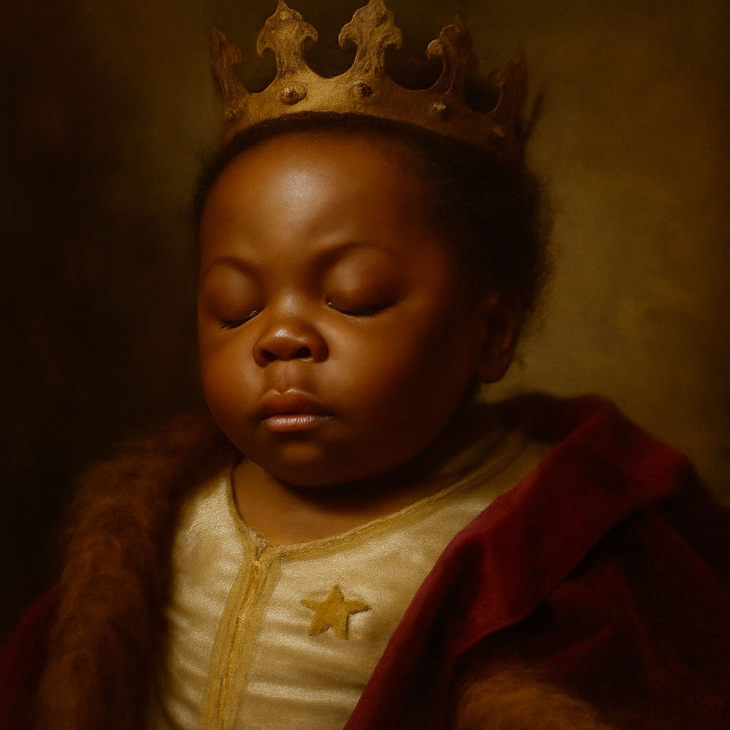 A peaceful baby with curly hair is sleeping soundly, dressed in a cute striped onesie with a lion patch, resting against a blue blanket and a hand gently supporting them.