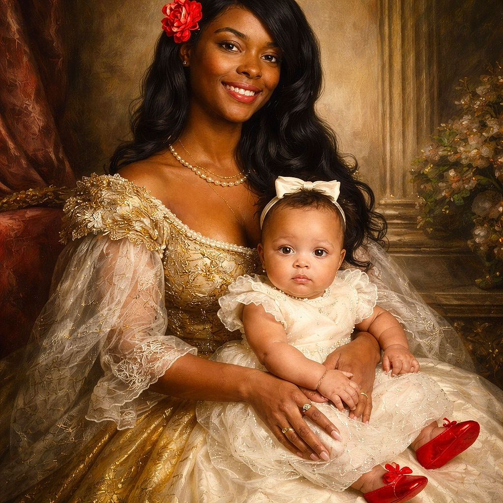 A festive portrait: a smiling woman holds a serious-faced baby with tiny red shoes in front of a snowy Christmas tree and neatly wrapped presents — holiday glamour meets tiny-foot fashion show.