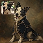 A cheerful border collie sits proudly for a close-up portrait, grinning like it just heard the magic words “walk” and “treat” in the same sentence. Its mismatched bright eyes, giant fluffy ears, and red tag steal the show, while mountains, greenery, and a patterned curtain create a sunny outdoor backdrop.