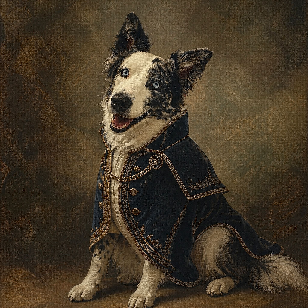 A cheerful border collie sits proudly for a close-up portrait, grinning like it just heard the magic words “walk” and “treat” in the same sentence. Its mismatched bright eyes, giant fluffy ears, and red tag steal the show, while mountains, greenery, and a patterned curtain create a sunny outdoor backdrop.