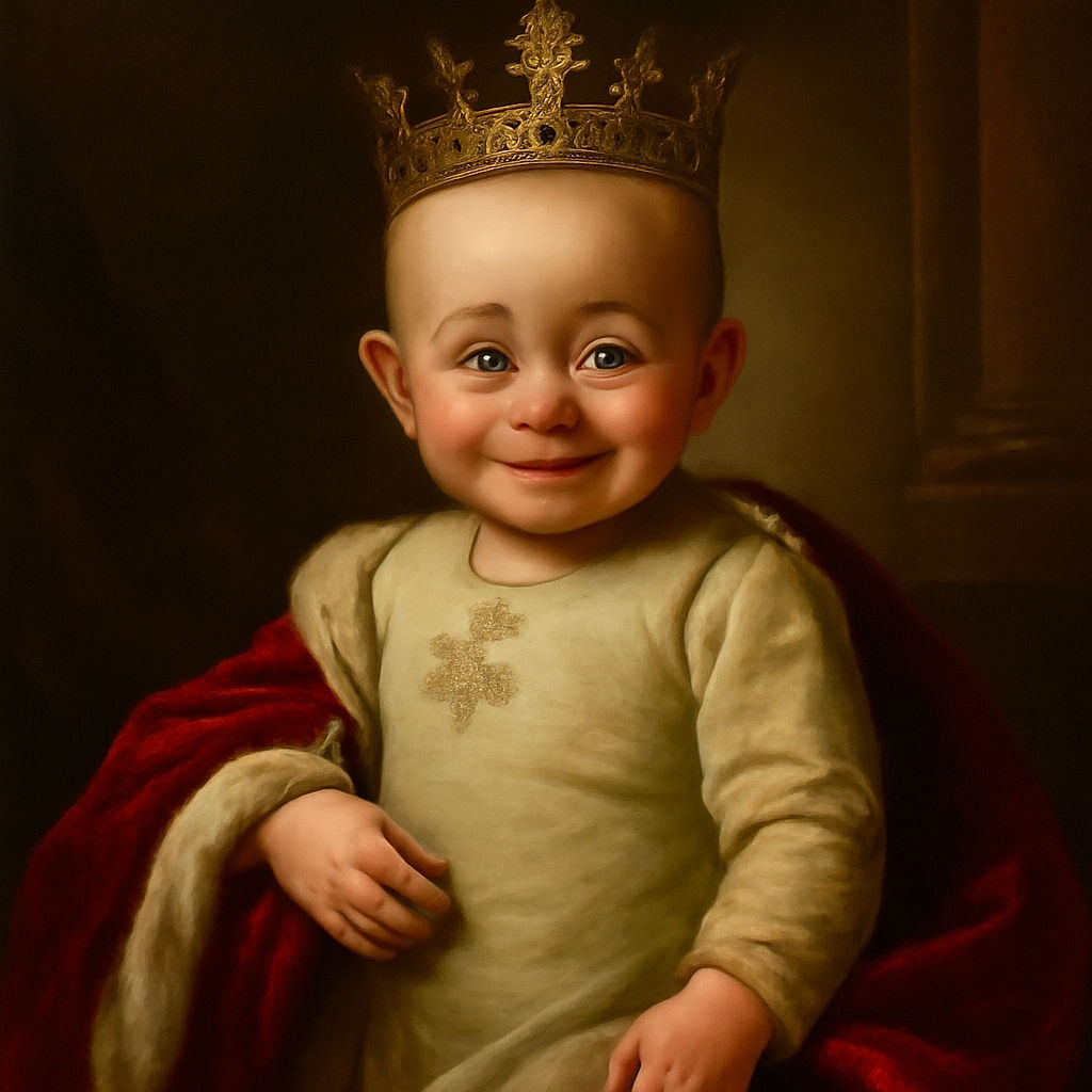 A smiling baby dressed in cozy cream pajamas featuring a festive Winnie the Pooh design, sitting comfortably on a bright red Christmas-themed blanket adorned with Santa, reindeer, and snowflakes. The joyful expression and holiday backdrop create a warm, cheerful vibe.