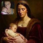 A tender moment captured between a woman and a peacefully sleeping baby, wrapped in a pink and white blanket. The woman gently holds the baby close, eyes closed, wearing a necklace with a sparkling cross pendant. The soft lighting adds warmth and intimacy to the scene.