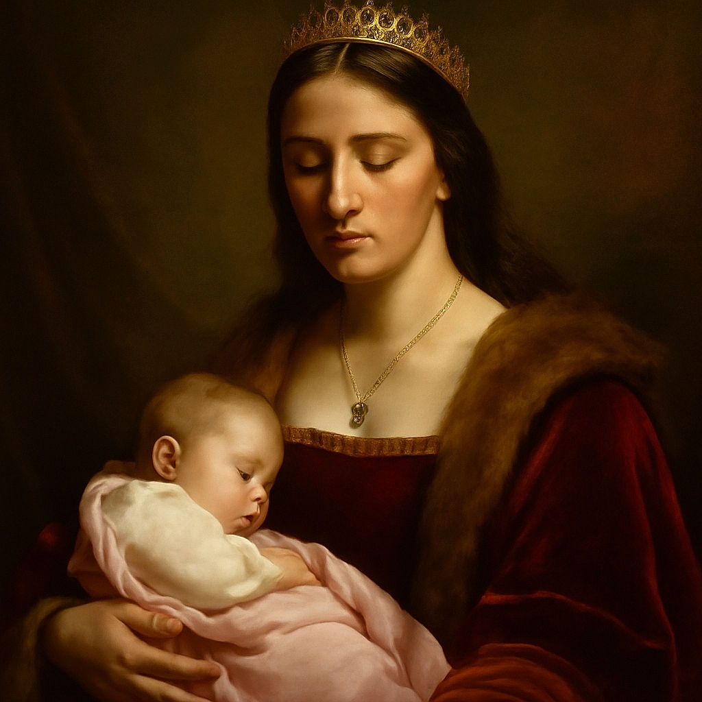 A tender moment captured between a woman and a peacefully sleeping baby, wrapped in a pink and white blanket. The woman gently holds the baby close, eyes closed, wearing a necklace with a sparkling cross pendant. The soft lighting adds warmth and intimacy to the scene.