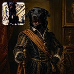 A handsome black dog sits proudly on a wildly patterned couch, looking like a four-legged movie star who just earned the hashtag “#Badass” and is waiting for applause.