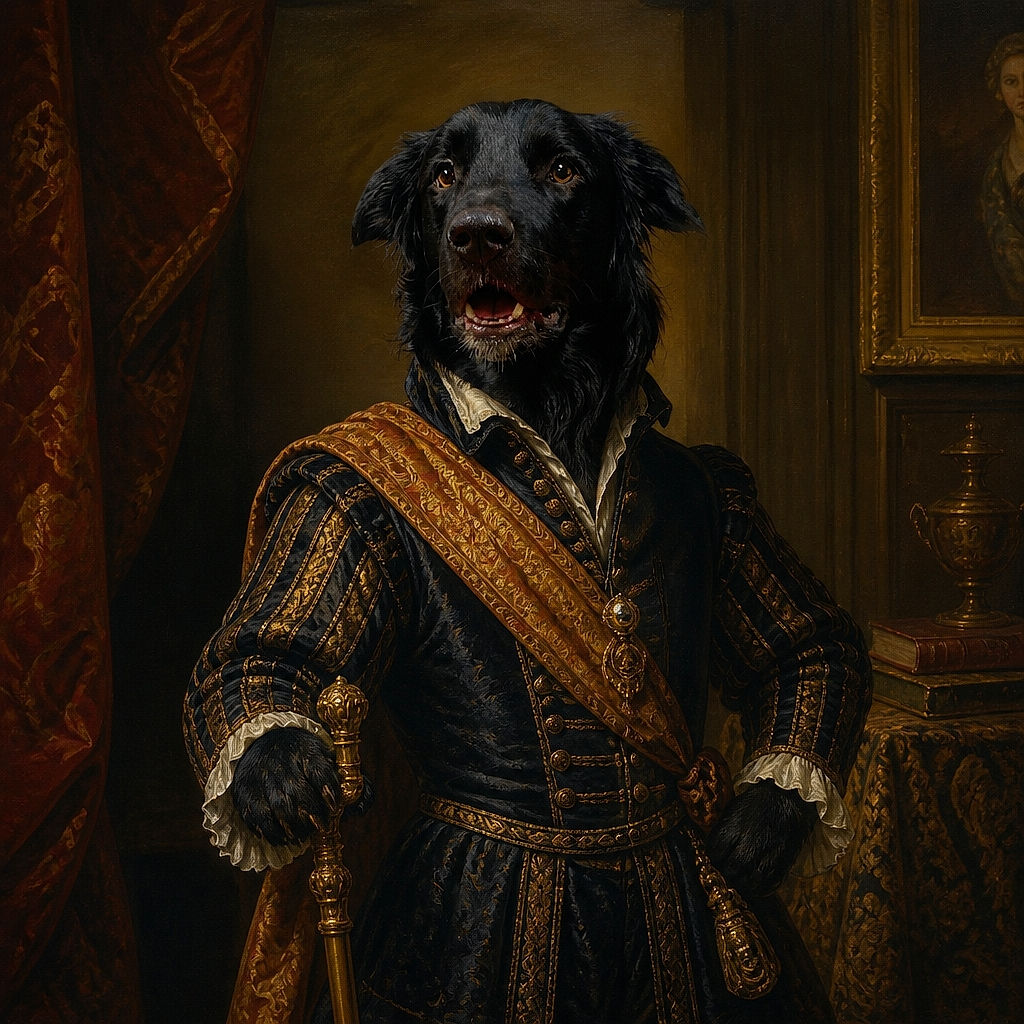 A handsome black dog sits proudly on a wildly patterned couch, looking like a four-legged movie star who just earned the hashtag “#Badass” and is waiting for applause.