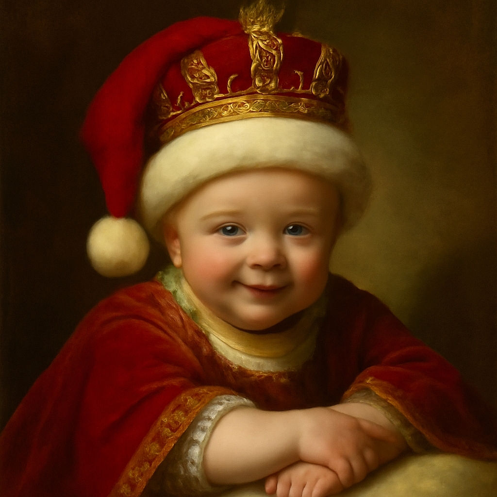 A chubby-cheeked baby wearing a festive red Santa hat smiles mischievously while resting on a fluffy white blanket, with twinkling Christmas lights softly blurred in the background creating a warm holiday atmosphere.