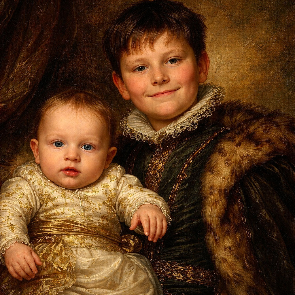 Two kids, one baby and one older child, are chilling on a bright yellow hammock. The baby looks curious with wide eyes while the older kid sports a cheeky smile, both wrapped in comfy clothes. The baby’s pants are decorated with colorful vans and palm trees, adding a playful vibe to this cozy sibling moment.