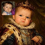 A baby with a fierce, determined expression puckers up as if ready to take on the world, sporting a colorful plaid outfit and sitting close to someone wearing a purple plaid shirt.