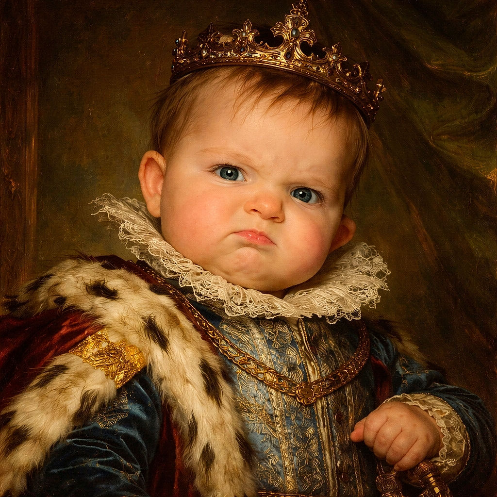 A baby with a fierce, determined expression puckers up as if ready to take on the world, sporting a colorful plaid outfit and sitting close to someone wearing a purple plaid shirt.