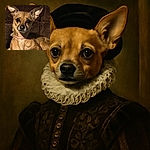 A small tan dog with large ears and a pink collar lounges on a textured brown couch, looking attentively at the camera with shiny eyes and a calm expression.