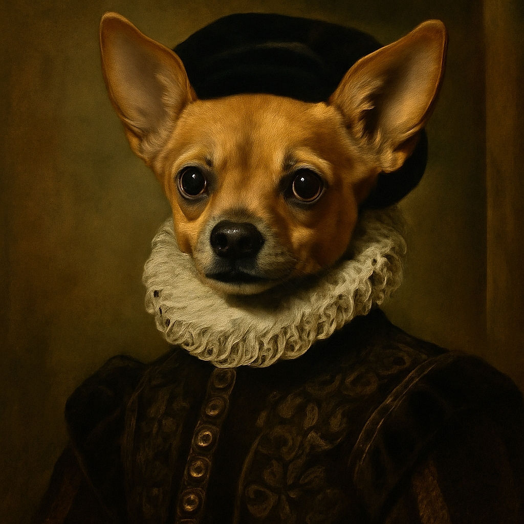 A small tan dog with large ears and a pink collar lounges on a textured brown couch, looking attentively at the camera with shiny eyes and a calm expression.