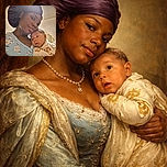 A tender moment captured between a mother and her curious baby, with the mother wearing a cozy floral pajama top and a bonnet, while the baby gazes wide-eyed, wrapped in a pretzel-patterned onesie. The soft indoor lighting adds warmth to this intimate snapshot.