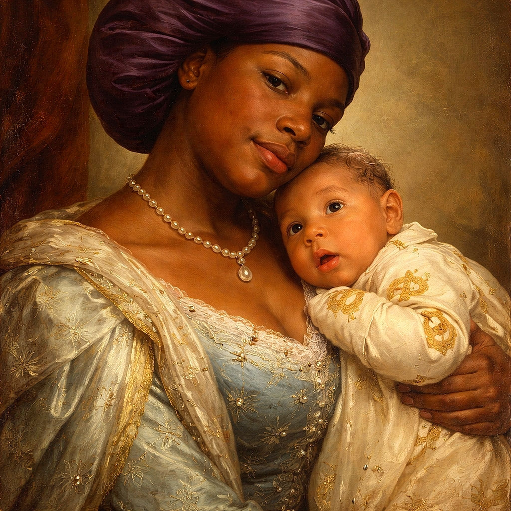 A tender moment captured between a mother and her curious baby, with the mother wearing a cozy floral pajama top and a bonnet, while the baby gazes wide-eyed, wrapped in a pretzel-patterned onesie. The soft indoor lighting adds warmth to this intimate snapshot.
