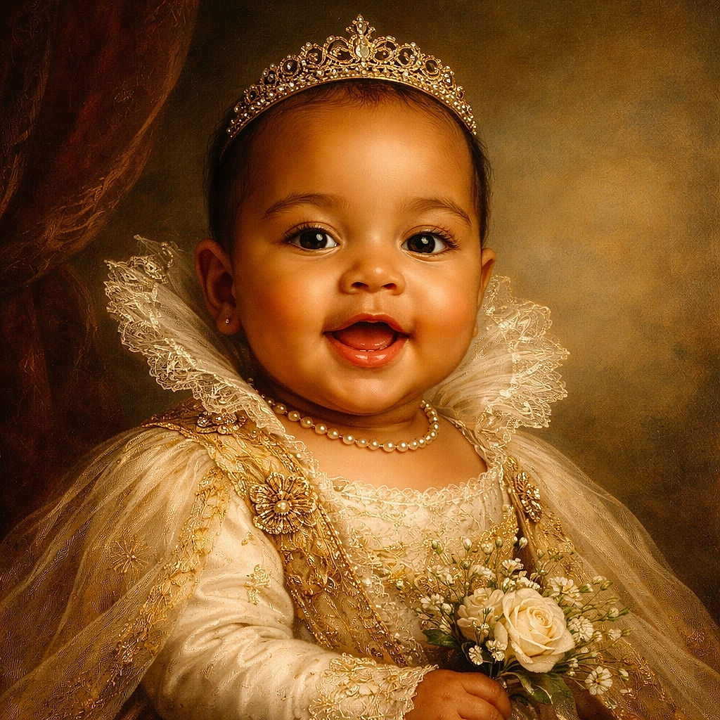 A beaming baby sitting against a cheerful floral cushion, mouth open in a gummy grin and a little drool sparkle on the chin — the kind of smile that could power a small city. Soft curtains in the background and warm lighting make this tiny superstar the center of attention.