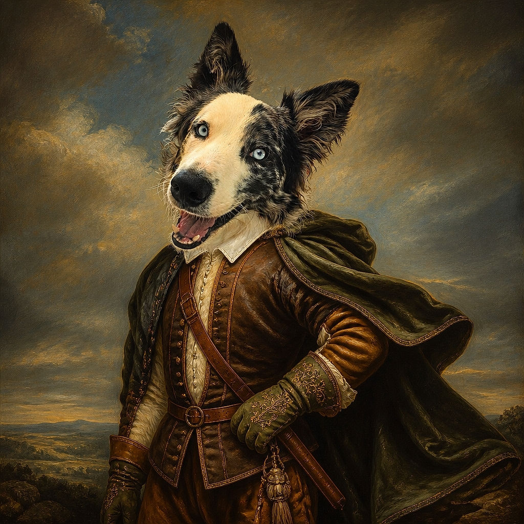 A cheerful black-and-white dog leans dramatically toward the camera, serving an enormous nose, mismatched eyes, and a grin that says it has just heard the word 'walk.' Sunlit plants, mountains, and a patterned curtain create a bright outdoor backdrop.