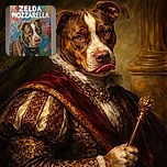 A colorful jigsaw puzzle featuring a brown and white dog with a playful expression licking its nose, set against a vibrant abstract background with bold white text reading 'ZELDA MOZZARELLA'. The image is a screenshot from a shopping website called 'The Paw Print'.