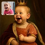 A joyful toddler with a tiny ponytail laughs heartily while being held up, wearing a bright pink shirt, with a rustic wooden door and colorful chains in the background adding a quirky touch.